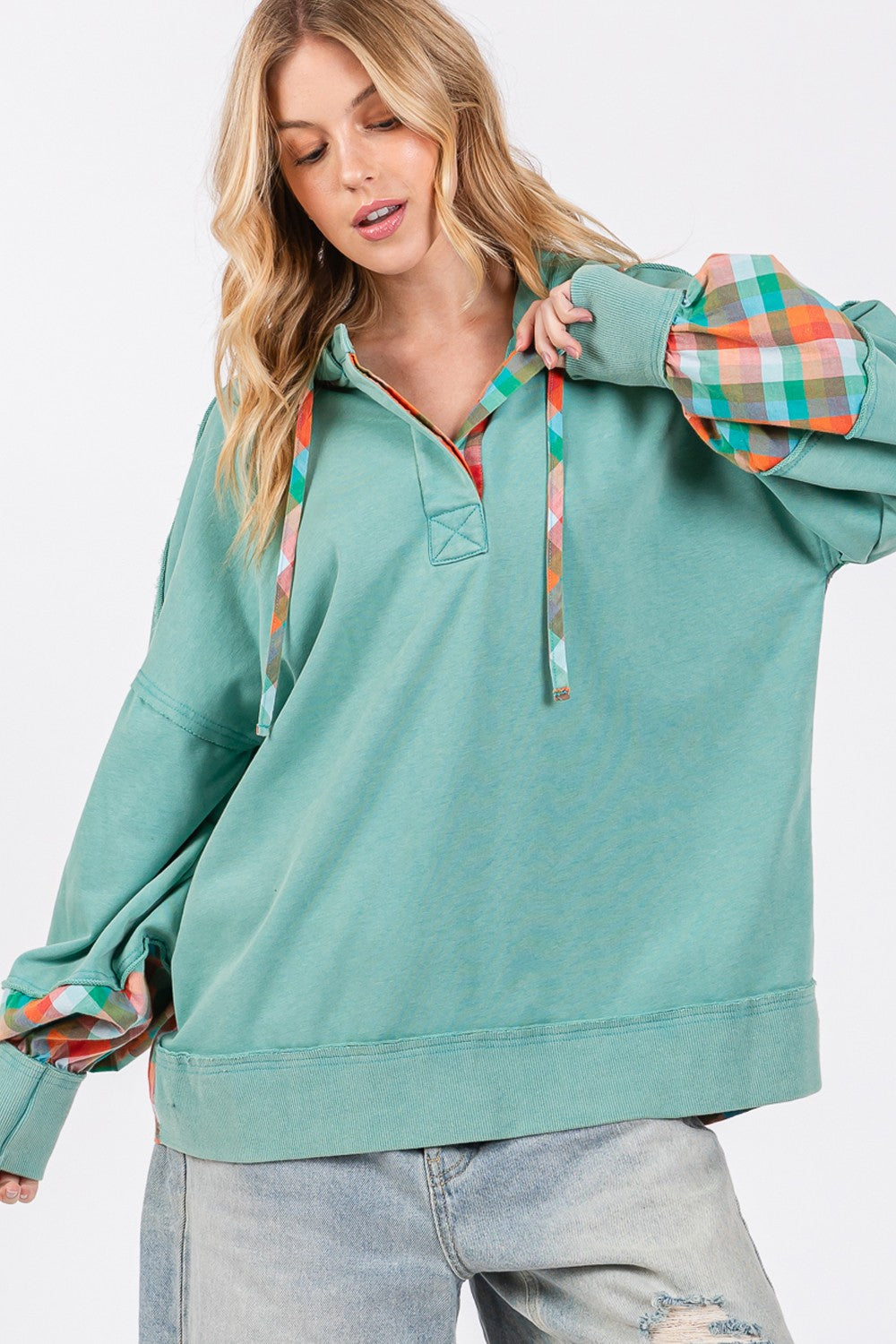 SAGE + FIG Eucalyptus Plaid Print Washed Hoodie Trendsi