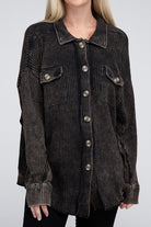 Zenana Ash Black Acid Wash Oversized Cotton Waffle Shacket ASH BLACK Shirts & Tops