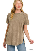 Zenana Mocha French Terry Washed Curved Hem Top MOCHA