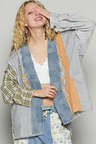 POL Raw Edge Plaid & Striped Open Front Shacket GREEN BLUE MULTI