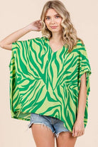 Mittoshop Green Zebra Print V-Neck Short Sleeve Oversized Top