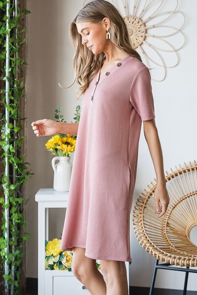 Heimish Solid Ribbed Rose Mini Dress with Buttons