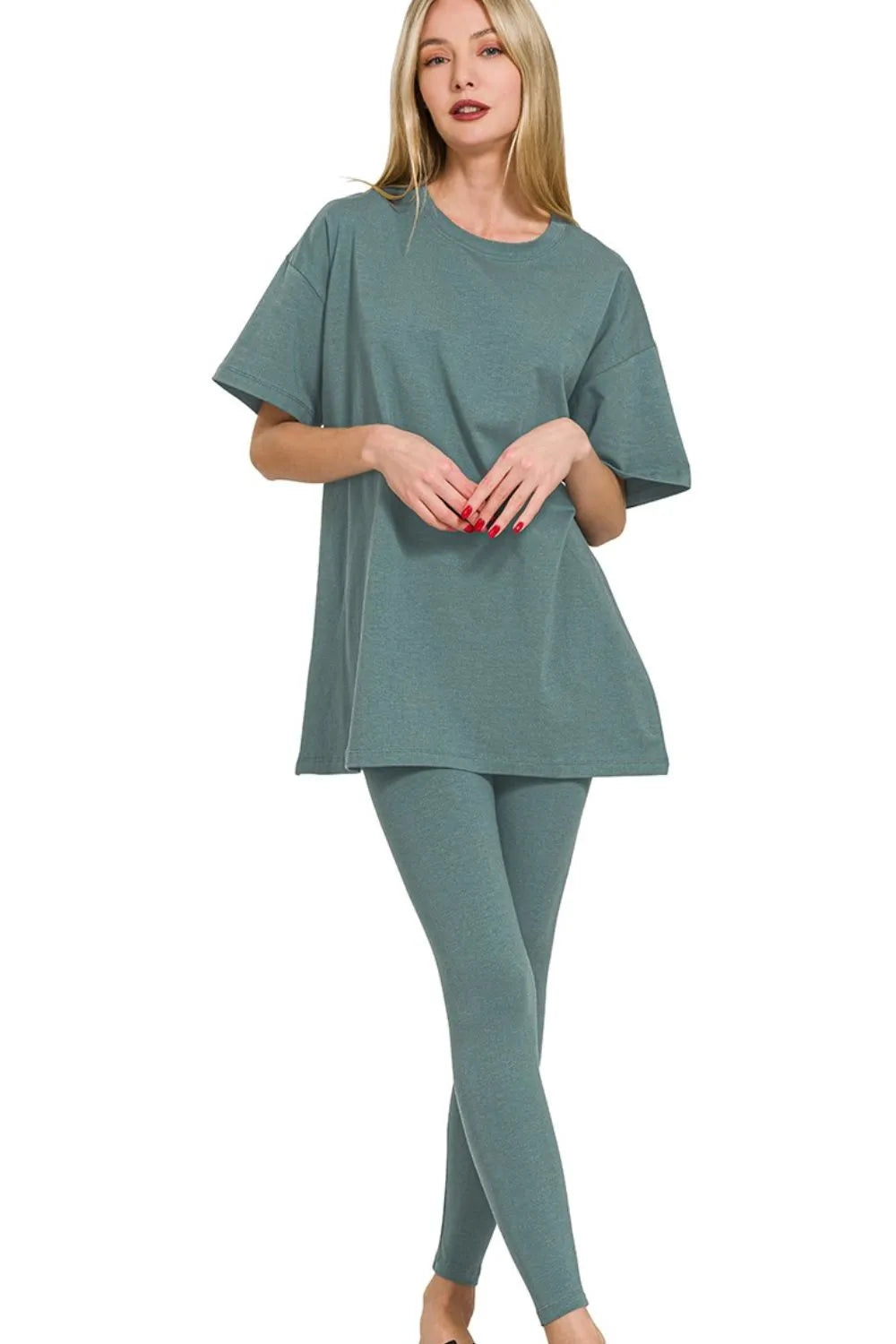Zenana Ash Jade Cotton Round Neck Top & Legging Set ASH JADE