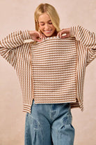 BiBi Camel Open Seam Detail Textured Stripe Knit Top CAMEL