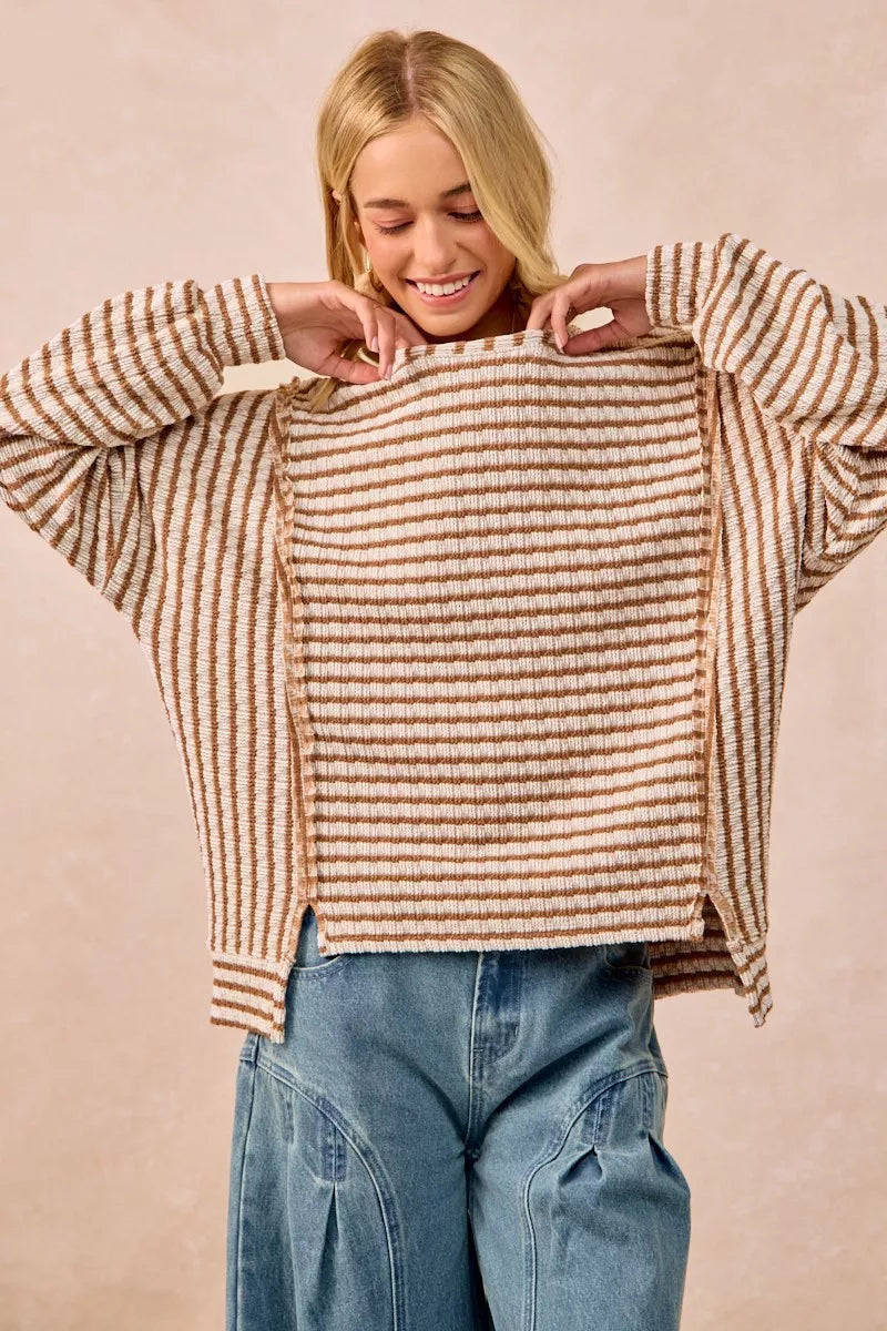 BiBi Camel Open Seam Detail Textured Stripe Knit Top CAMEL