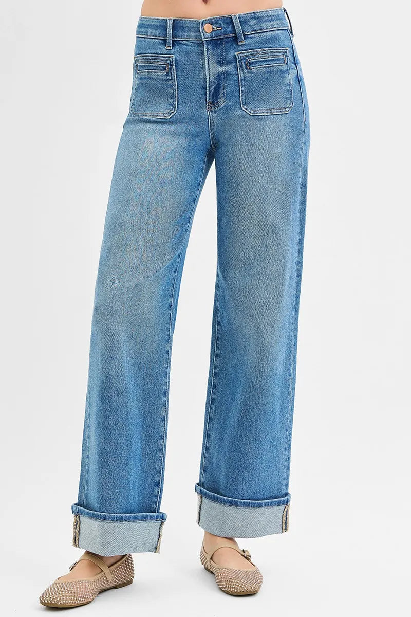 RISEN Elastic Band Mid Rise Wide Front Patch Pocket Cuff Jeans MEDIUM