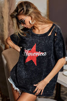 BiBi Laser Cut Mineral Washed Jersey Top with America in Black Charcoal
