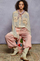 POL Cream Multi Texture Woven Button Down Hooded Shirt with Drawstring Hem