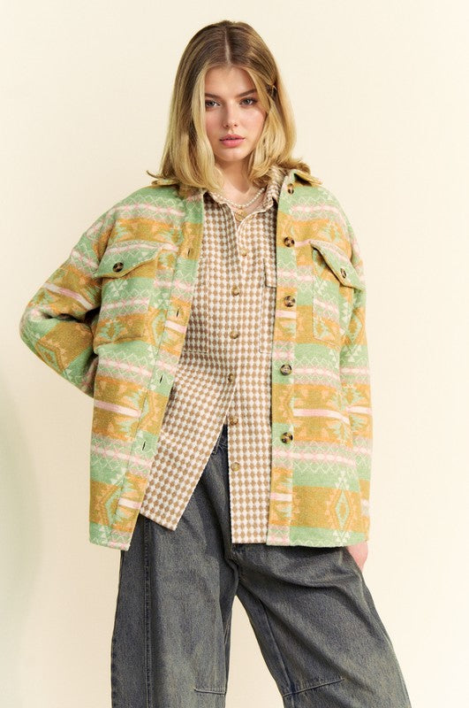 Davi & Dani Gum Leaf High-Low Aztec Geometric Long Sleeve Shirt Jacket Gum Leaf Coats & Jackets