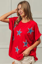 BiBi Red Beaded Stars Appliques Fourth Of July Terry T-Shirt