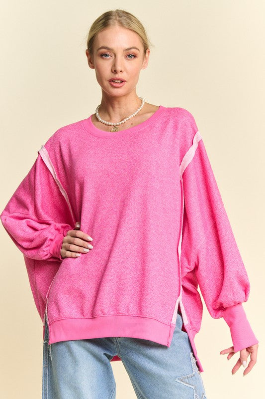 Davi & Dani Fuchsia Pink Side Slit High-Low Lantern Sleeve Knit Top Fuchsia Pink Trendsi