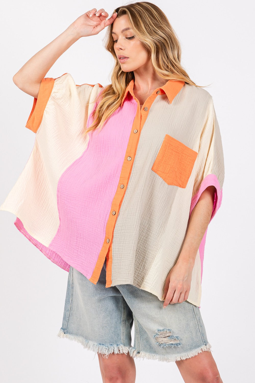 SAGE + FIG Pink Multi Color Block Button-Down Shirt MULTI Trendsi