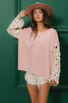 BiBi Blush Pink French Terry Crochet Sleeve Top Blush Shirts & Tops