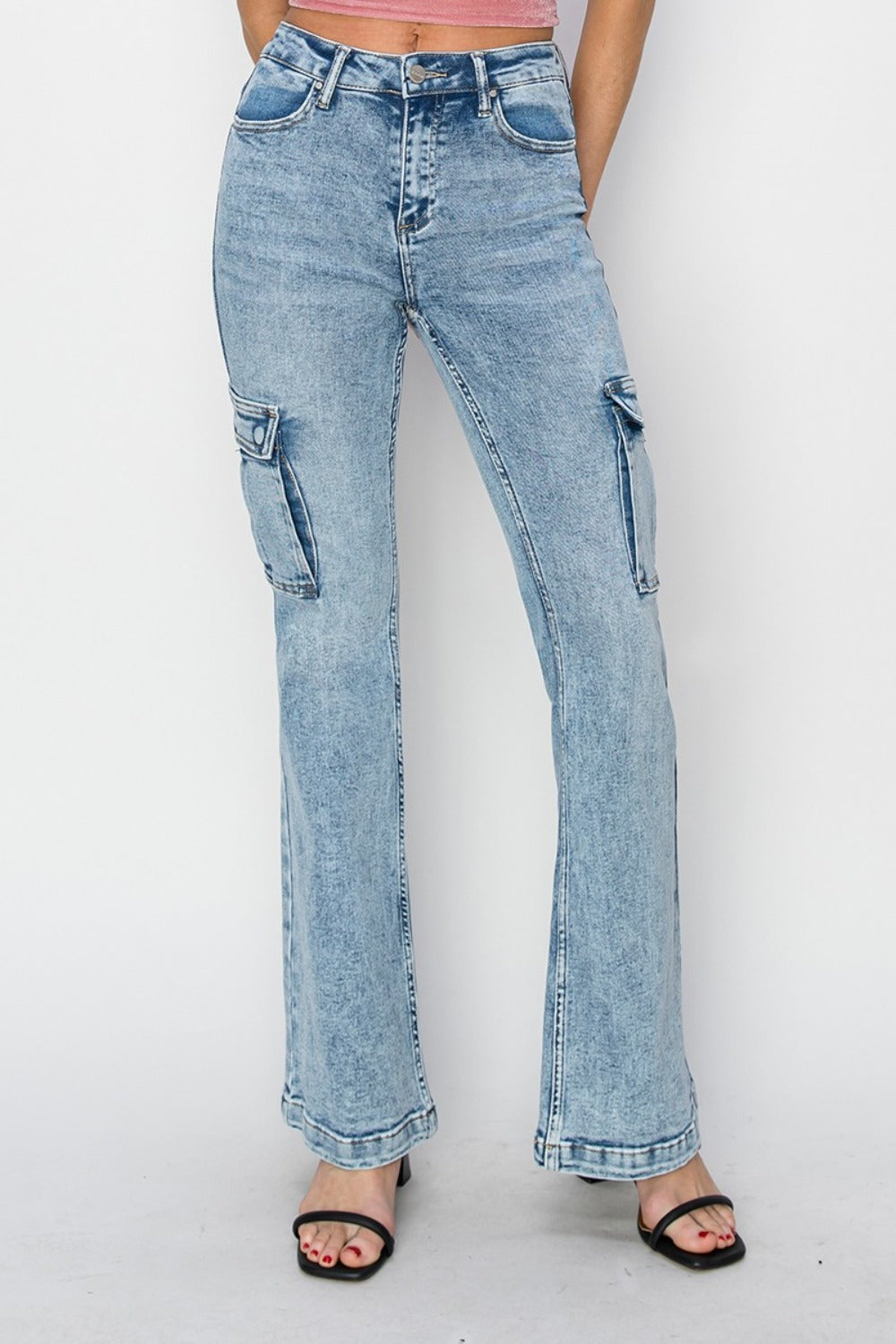 RISEN Medium Acid Washed High Rise Cargo Flare Jeans Trendsi