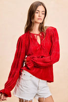 BiBi Red Christmas Theme Velvet Bow Tied Top With Neck Drop