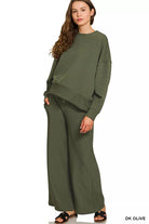 Zenana Dark Olive Ribbed Round Neck Pullover and Drawstring Pants Set