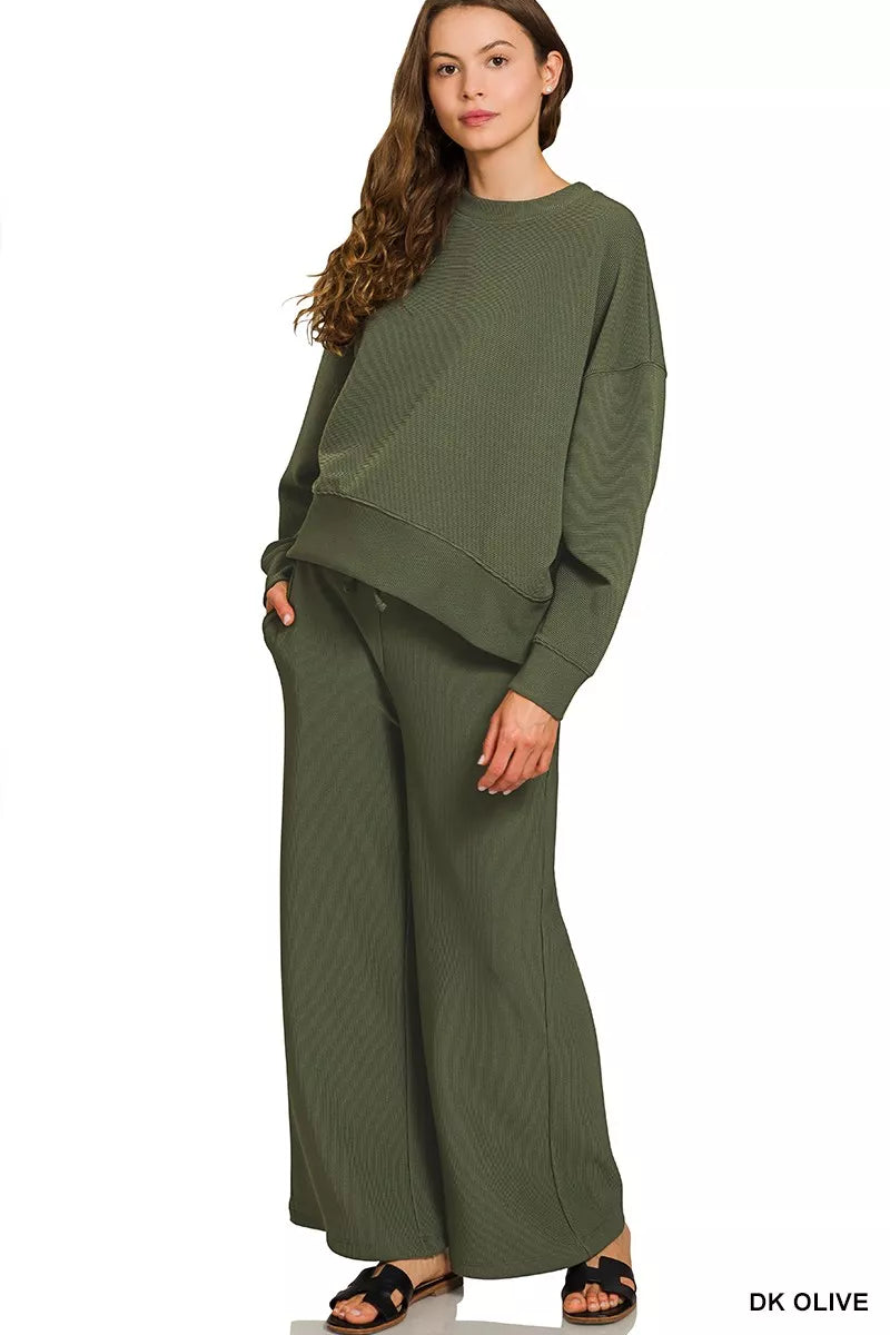 Zenana Dark Olive Ribbed Round Neck Pullover and Drawstring Pants Set