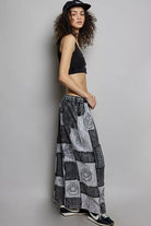 POL Black Multi Drawstring Bohemian Patchwork Wide Leg Pants