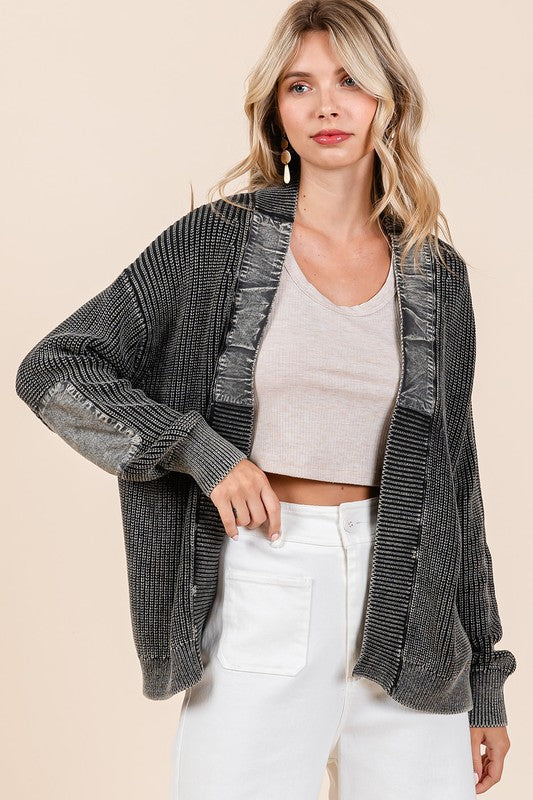 Mittoshop Black Contrast Patch Open Front Mineral Wash Ribbed Cardigan Shirts & Tops