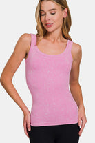 Zenana Pink Stone Washed Ribbed Scoop Neck Tank Top Pink