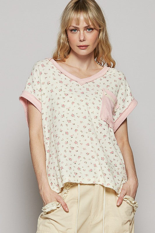 POL Natural/Pink Floral V-Neck Short Sleeve T-Shirt