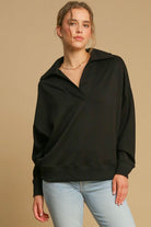 Umgee Johnny Collar Dropped Shoulder Sweatshirt in Black Black Shirts & Tops