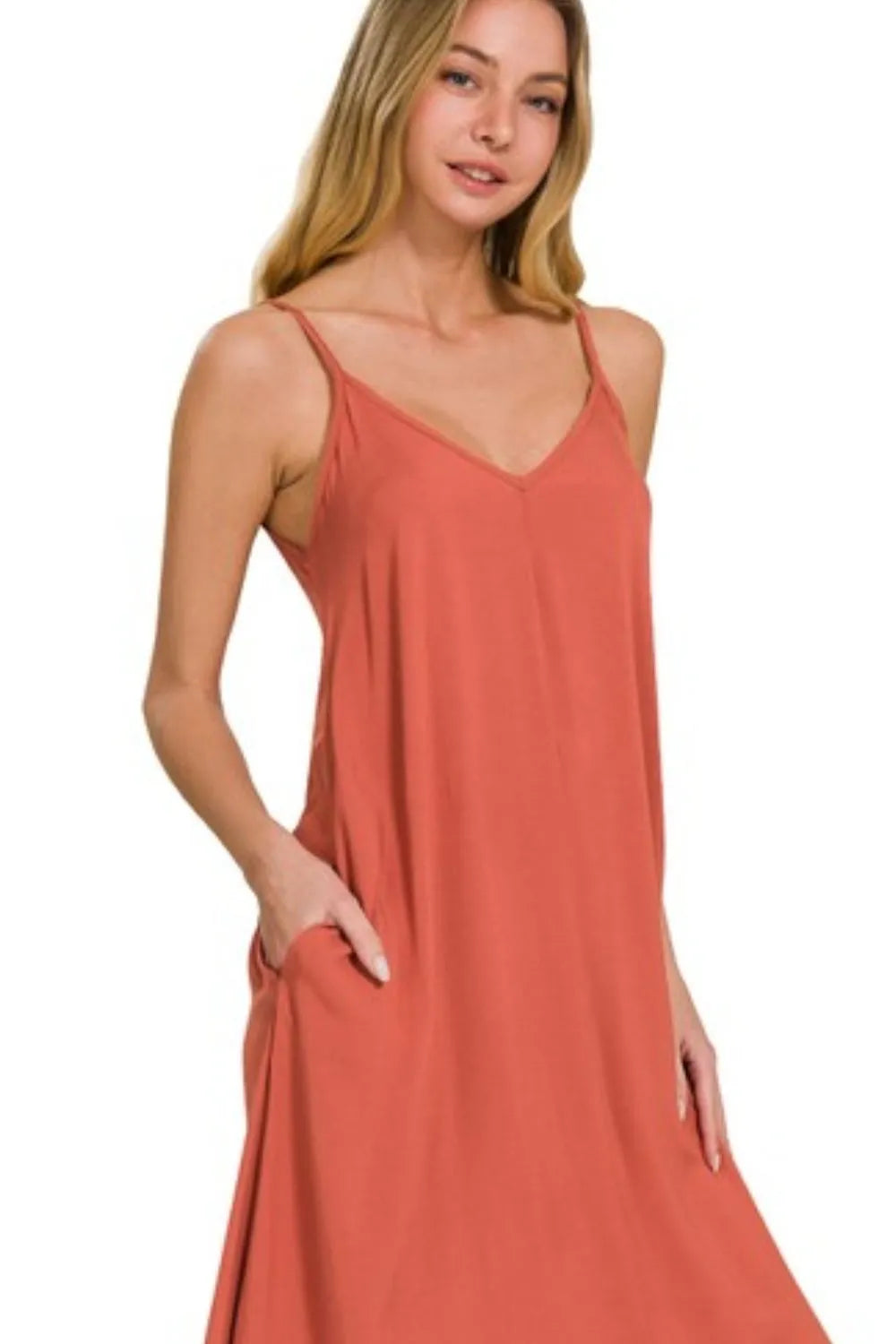 Zenana Rust Woven Arc Hem Cami Midi Dress With Flowy Pockets