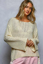 POL Natural Round Neck Long Sleeve Open Weave Sweater