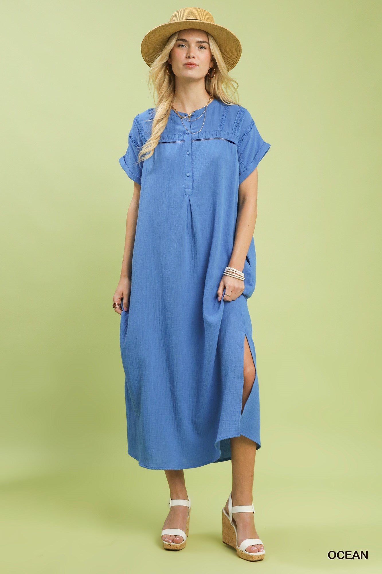 Umgee Ocean Button-Front Gauze Midi Dress with Lace Detail OCEAN