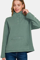 Zenana Ash Jade Turtleneck Half Snap Fleece Sweatshirt Ash Jade Shirts & Tops