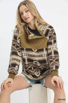 Umgee Brown Aztec Print Sherpa Pullover