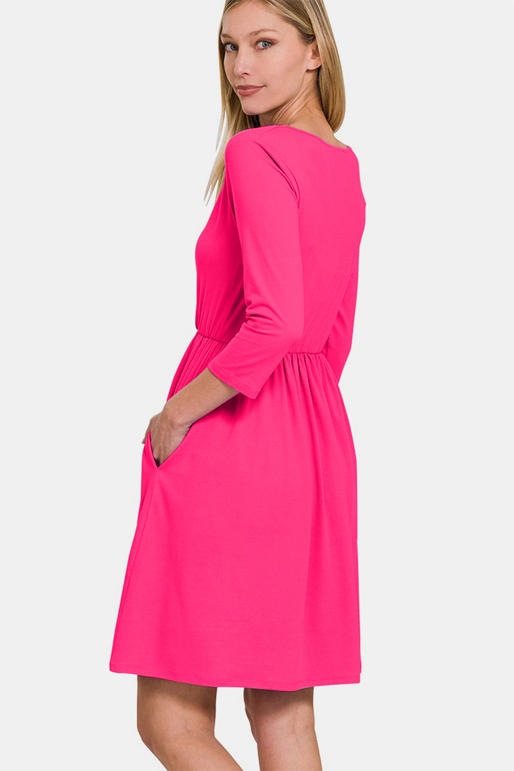 Zenana Three-Quarter Sleeve Surplice Dress with Pockets Trendsi