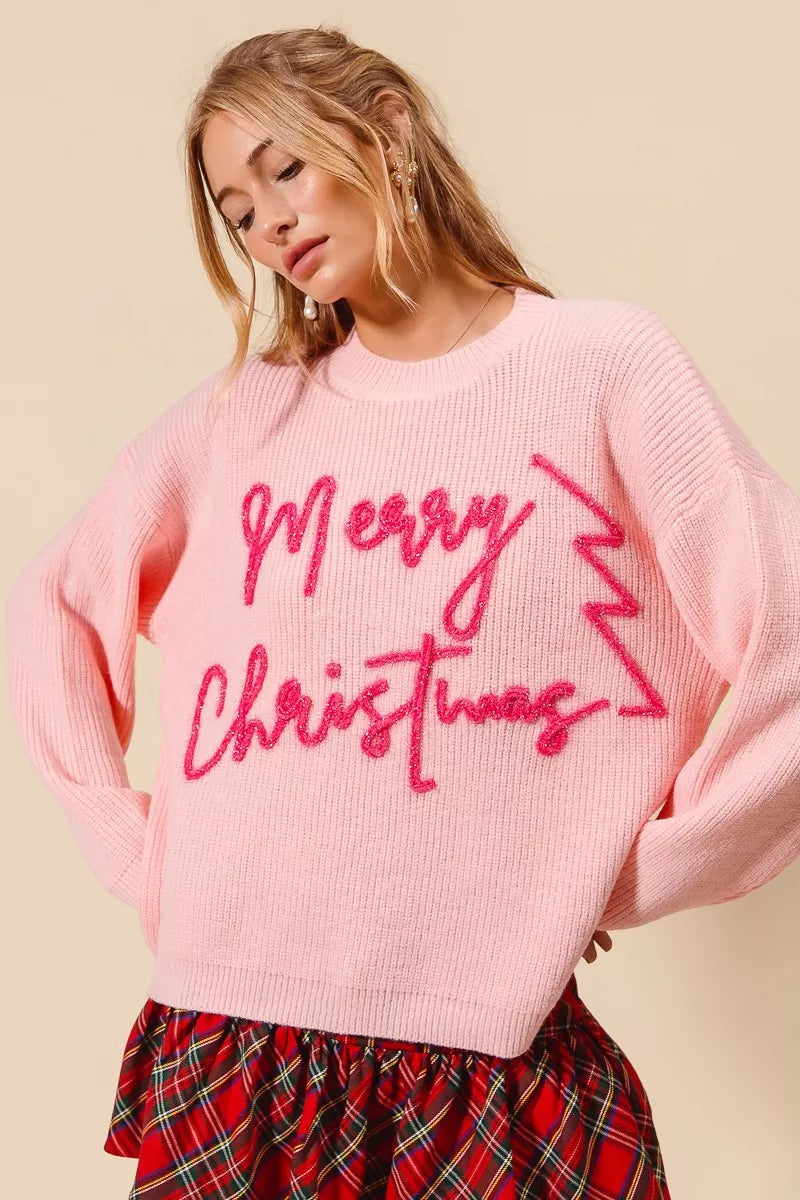 SO ME Pink Merry Christmas Tinsel Lettering Sweater BLUSH PINK