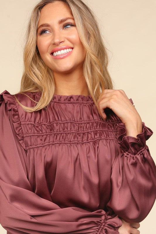 Haptics Wine Satin Shirred Yoke Frilled Mock Neck Top Shirts & Tops