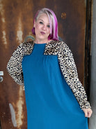 Jodifl Teal and Leopard Color Block Poet Sleeve Dress Teal Dresses