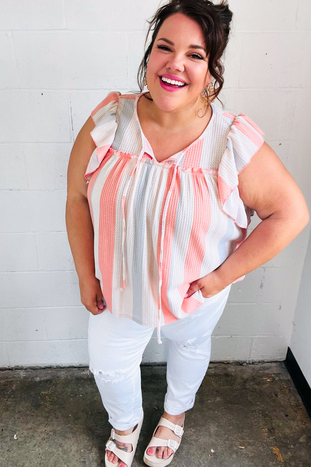 Sugarfox Coral & Light Blue Stripe Waffle Tie Neck Top