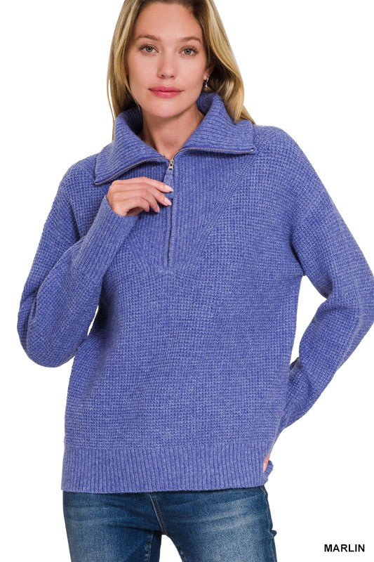 Zenana Navy Collared Half Zip Textured Long Sleeve Sweater Shirts & Tops