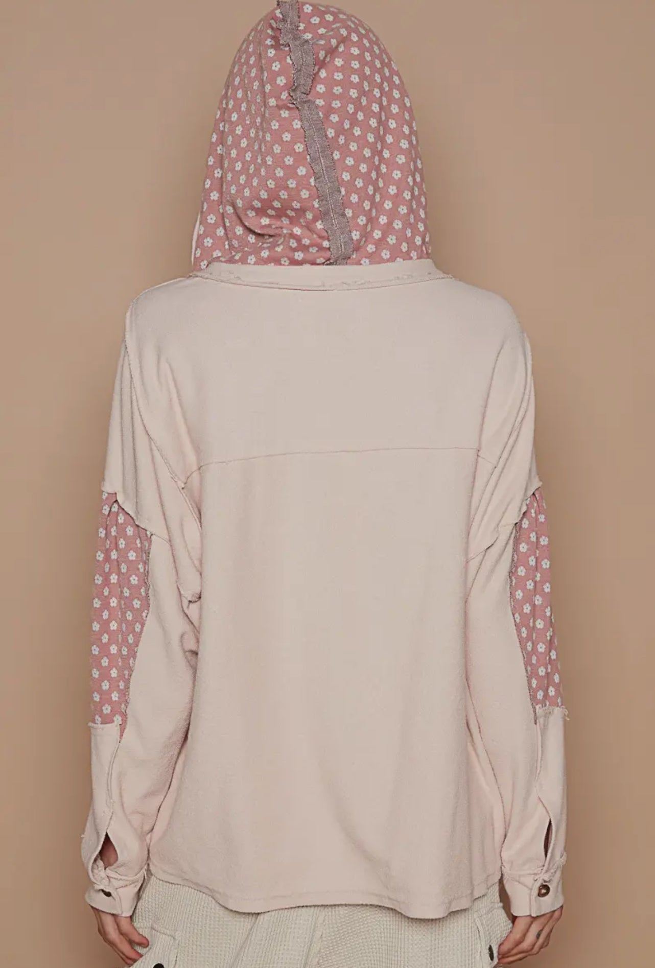 POL Dusty Rose Star Patchwork Raw Edge French Terry Hoodie Trendsi