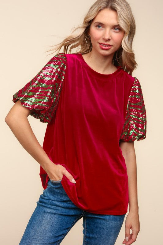 Haptics Red & Green Sequin Puff Sleeve Velvet Top Haptics