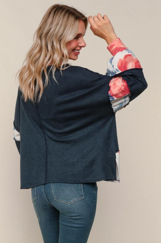 Haptics Floral Colorblock & Out-seam Overlock Stitching Long Sleeve Top