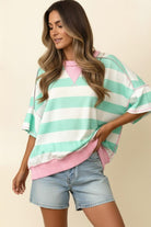 Haptics Flutter Elbow Sleeve Stripe French Terry Top – Mint/Blush