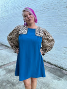 Jodifl Teal and Leopard Color Block Poet Sleeve Dress Dresses