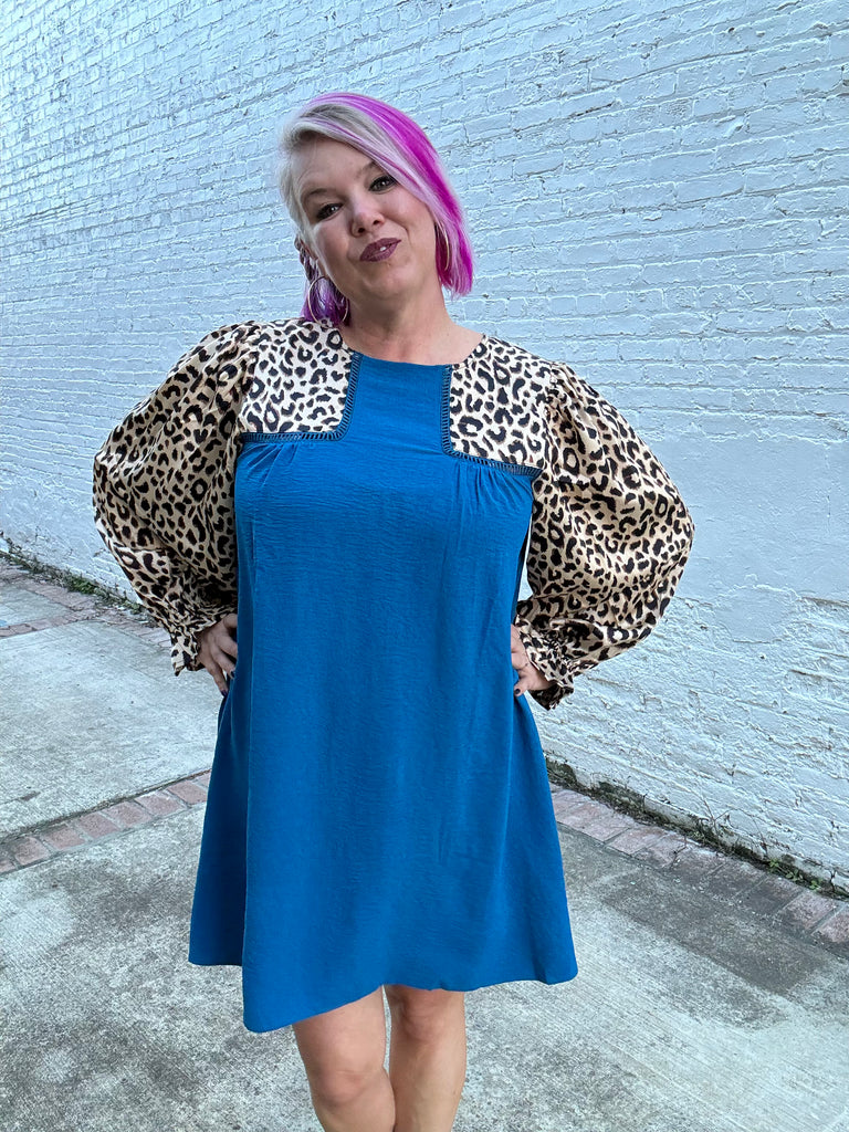 Jodifl The Greta Teal and Leopard Color Block Poet Sleeve Dress Ruby Idol Apparel