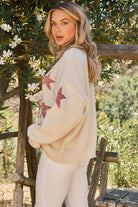 And The Why Shinny Star Pattern Knit Pullover Sweater- Ivory & Pink