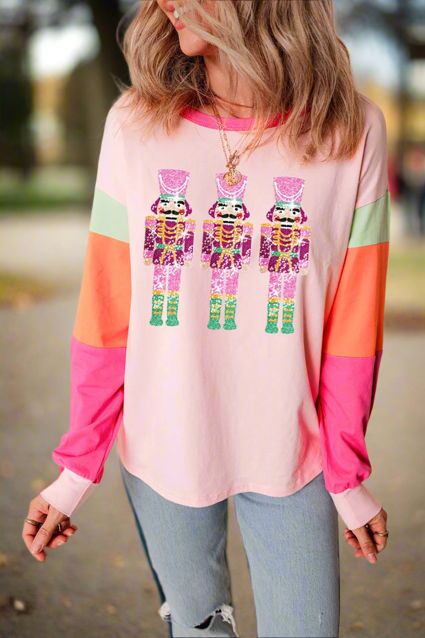 Preorder Pink Sequin Nutcracker Round Neck Color Block Long Sleeve Top Trendsi