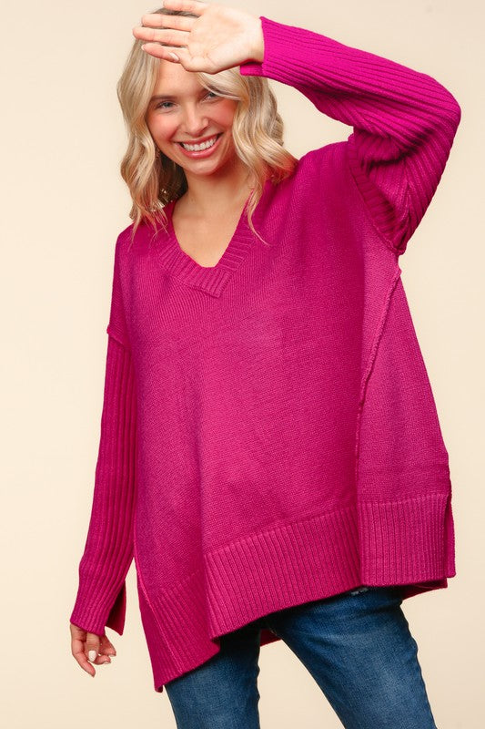 Haptics Magenta Oversized V Neck Rib Knit Sweater Haptics