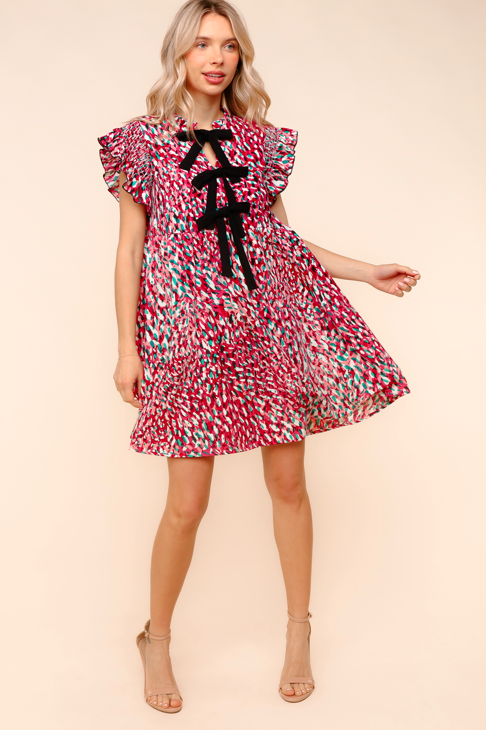 Haptics Pattern Pending Bow Detail Dress in Fuchsia and Black Womens