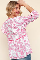 Haptics Hot Pink/White Notched Neck With Bow Ribbon Tie Woven Top