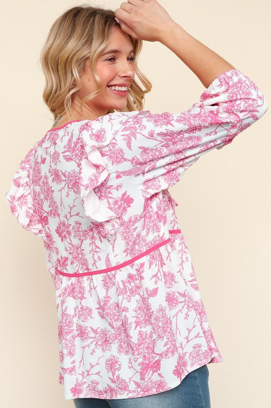 Haptics Hot Pink/White Notched Neck With Bow Ribbon Tie Woven Top