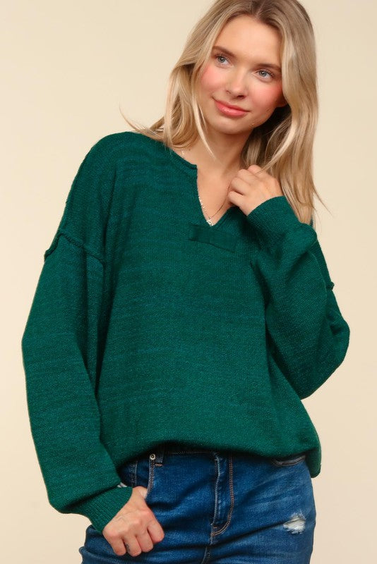 Haptics Hunter Green Notched Neck With Patch Oversized Sweater Sweater